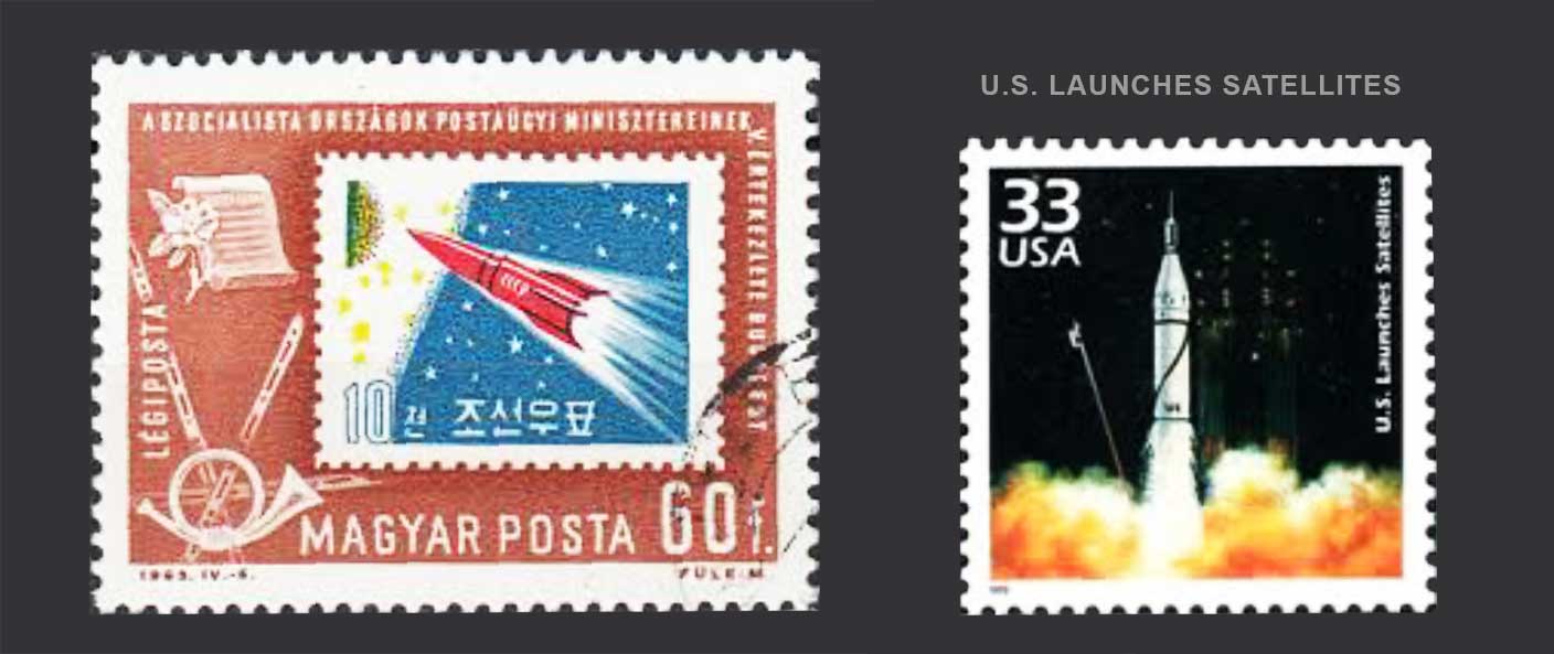 Space race im Briefmarkenalbum. 
Kalter Krieg und Alltagsdesign / Space race in the stamp album 